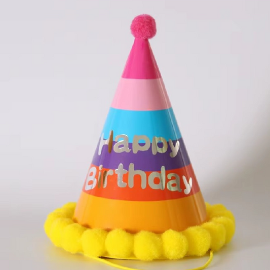 Party Cone Hat with Pom Poms - Pink Rainbow