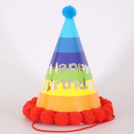 Party Cone Hat with Pom Poms - Blue Rainbow