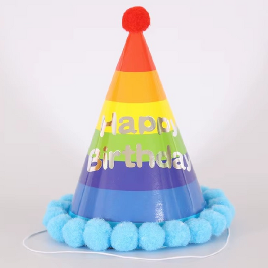 Party Cone Hat with Pom Poms - Rainbow