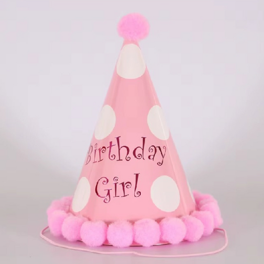 Party Cone Hat with Pom Poms - Pink Birhday Girl