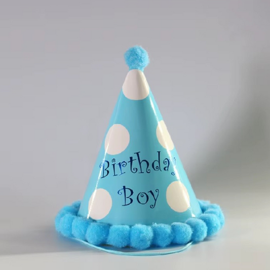 Party Cone Hat with Pom Poms - Blue Birthday Boy